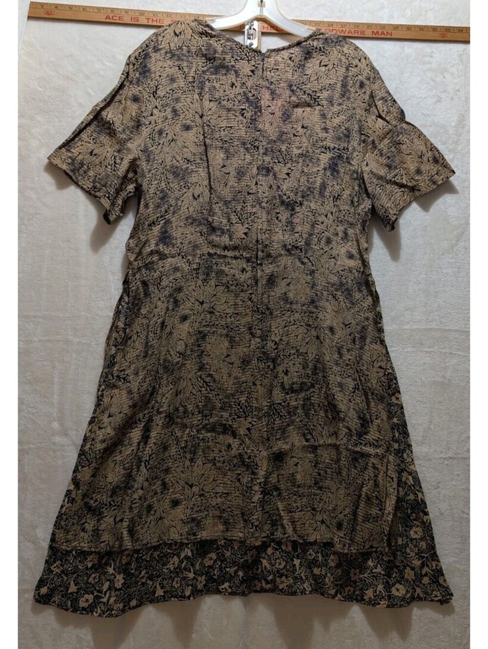 Vintage 1990s Mixit Black Rayon Short Sleeve Midi Dress with Botanical Print and